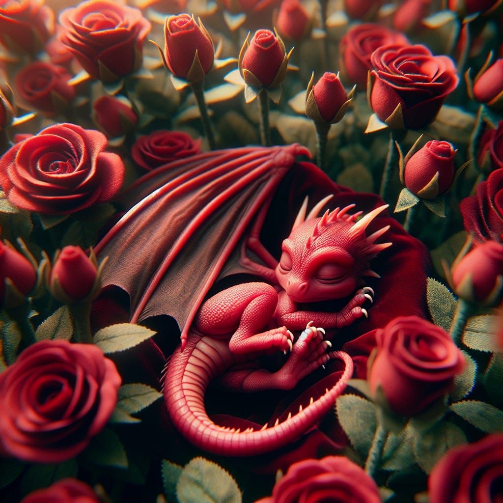 Sleeping Red Dragon in Bed of Roses