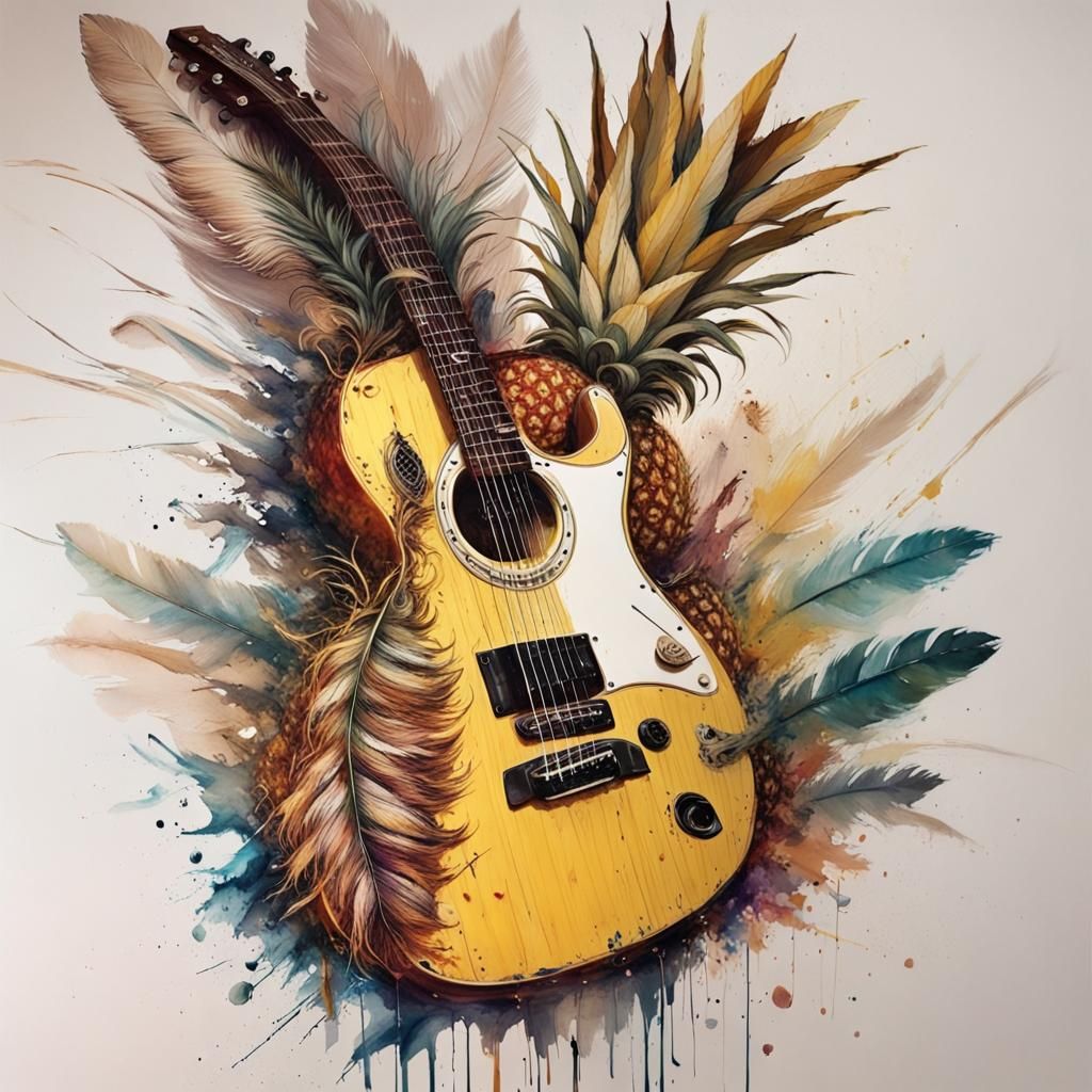 Feather, Guitar, Pineapple in Watercolor Style
