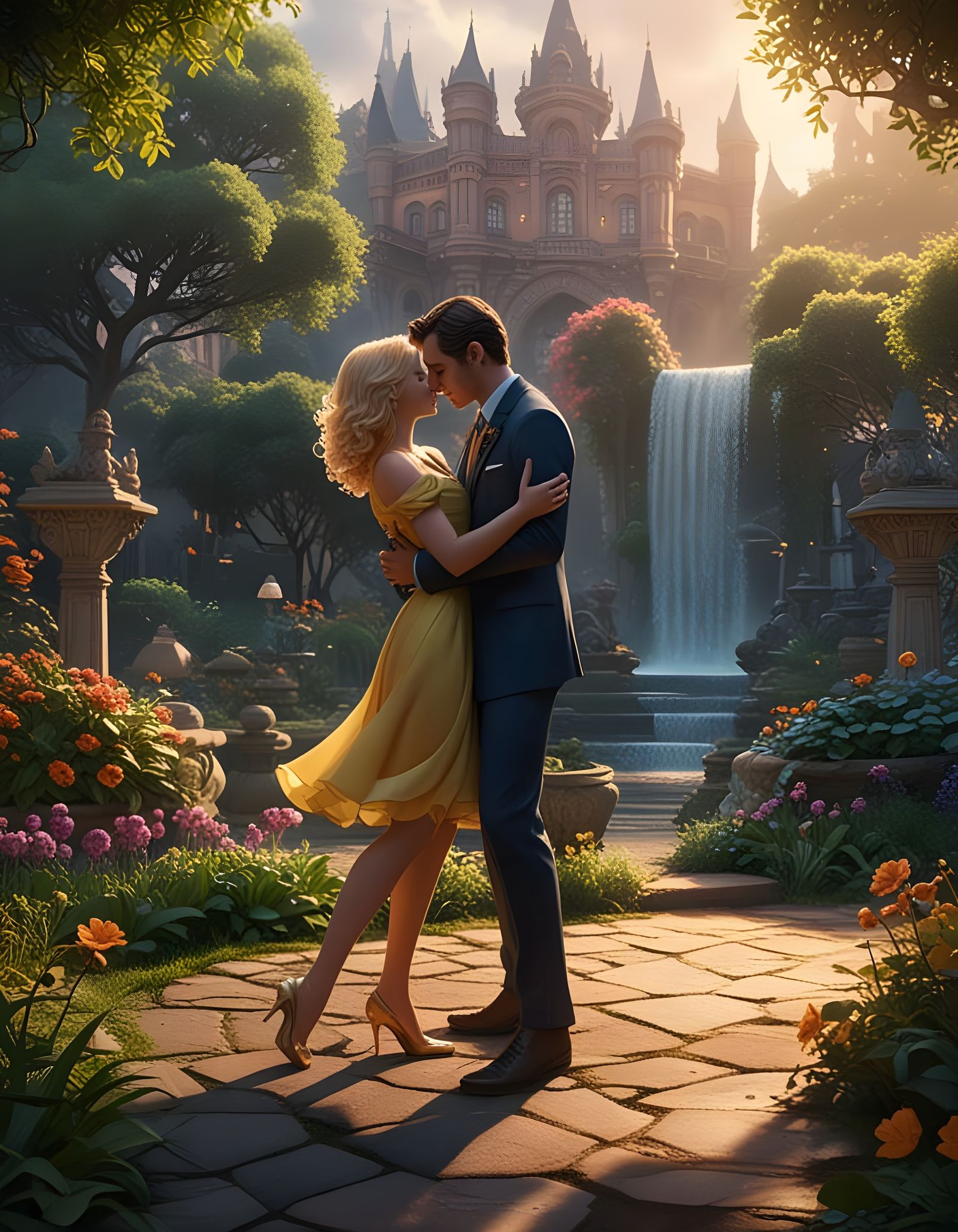 Nude Blondes Dancing in Magical Garden, 3D Render