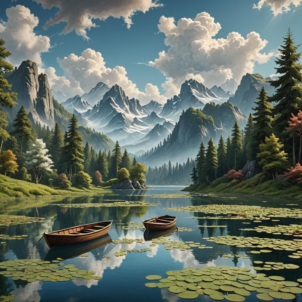Romantic Lake Scene with Boat and Mountains