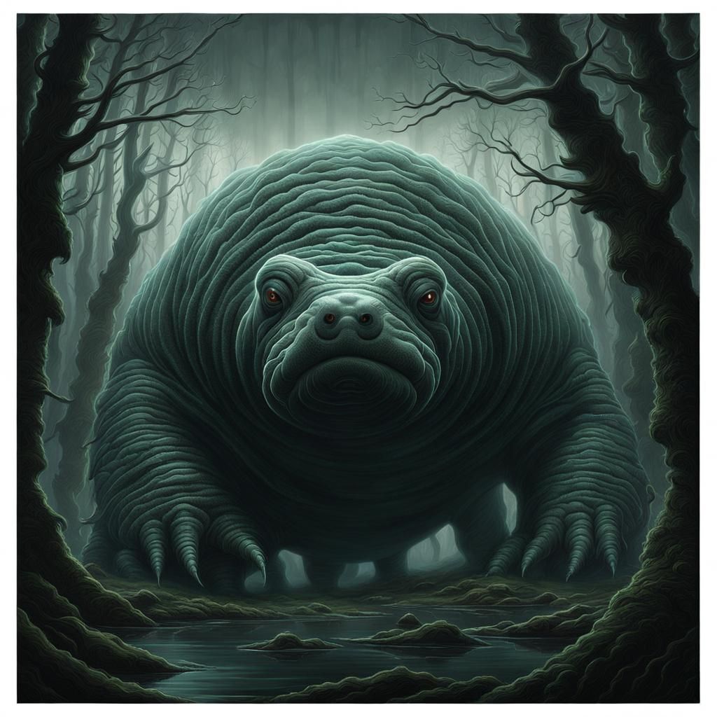 Giant Tardigrade in Eldritch Forest, Horror Art
