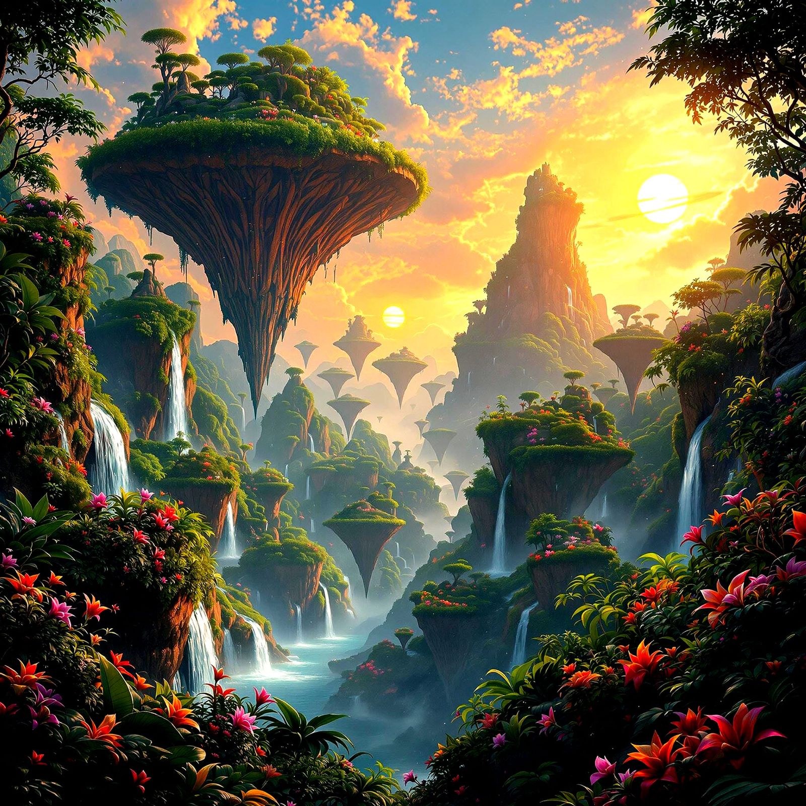 Lush Alien Jungle Landscape with Floating Islands