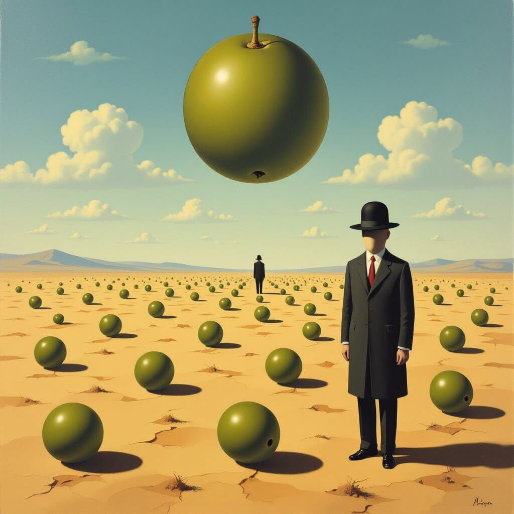 Surrealist Oil Painting of Giant Olives Under Cloudless Sky
