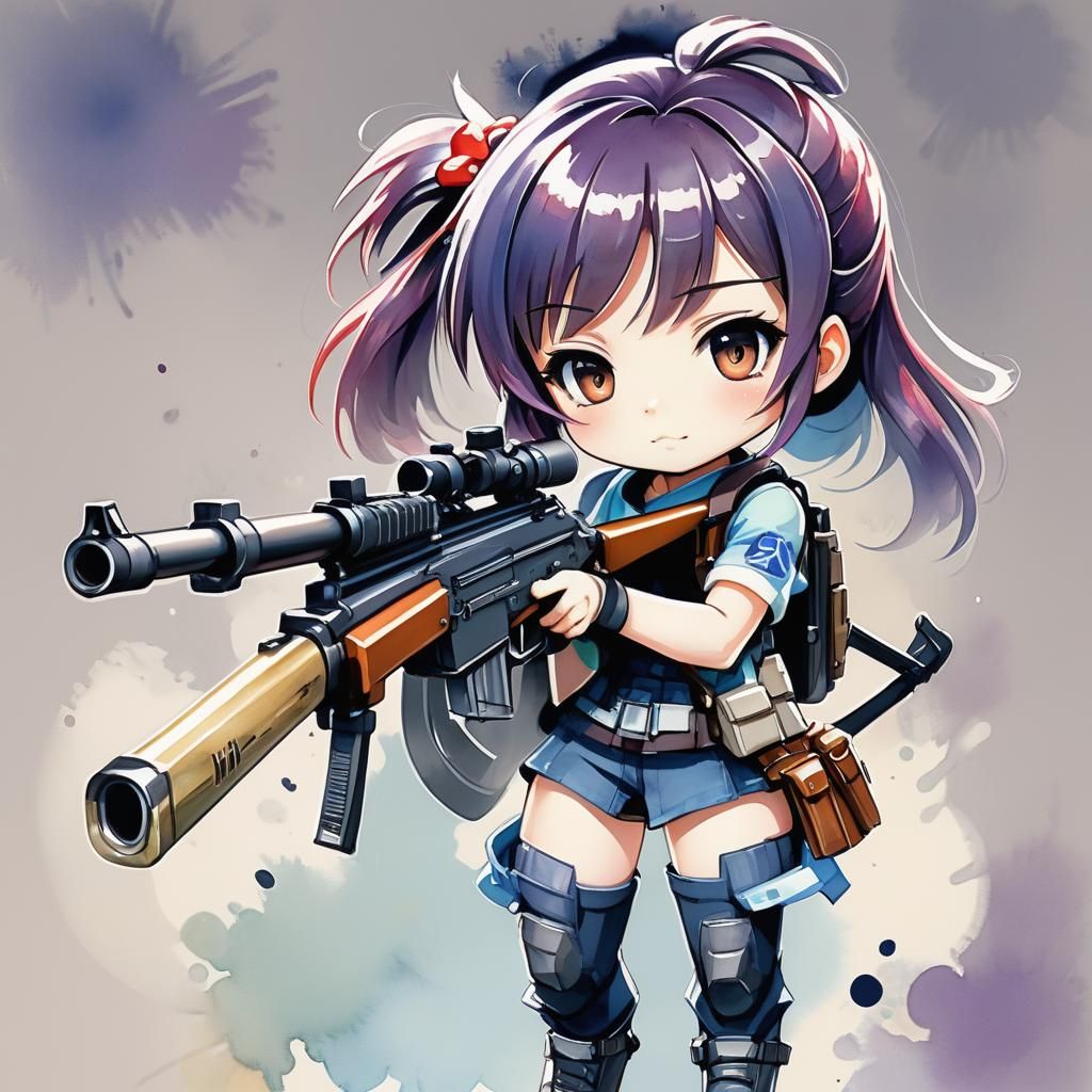 Chibi Anime Girl with Rifle in Cel-Shaded Style