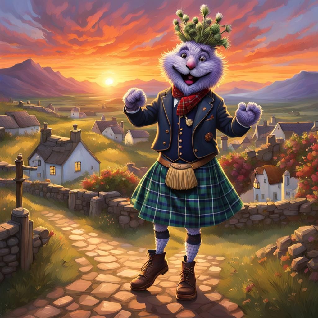 Dancing Thistle in Kilt at Sunset
