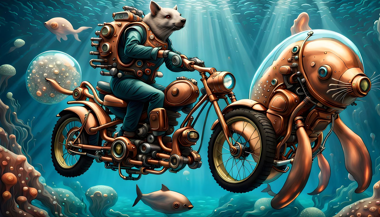 Steampunk Cyborg Wombat on Futuristic Motorcycle