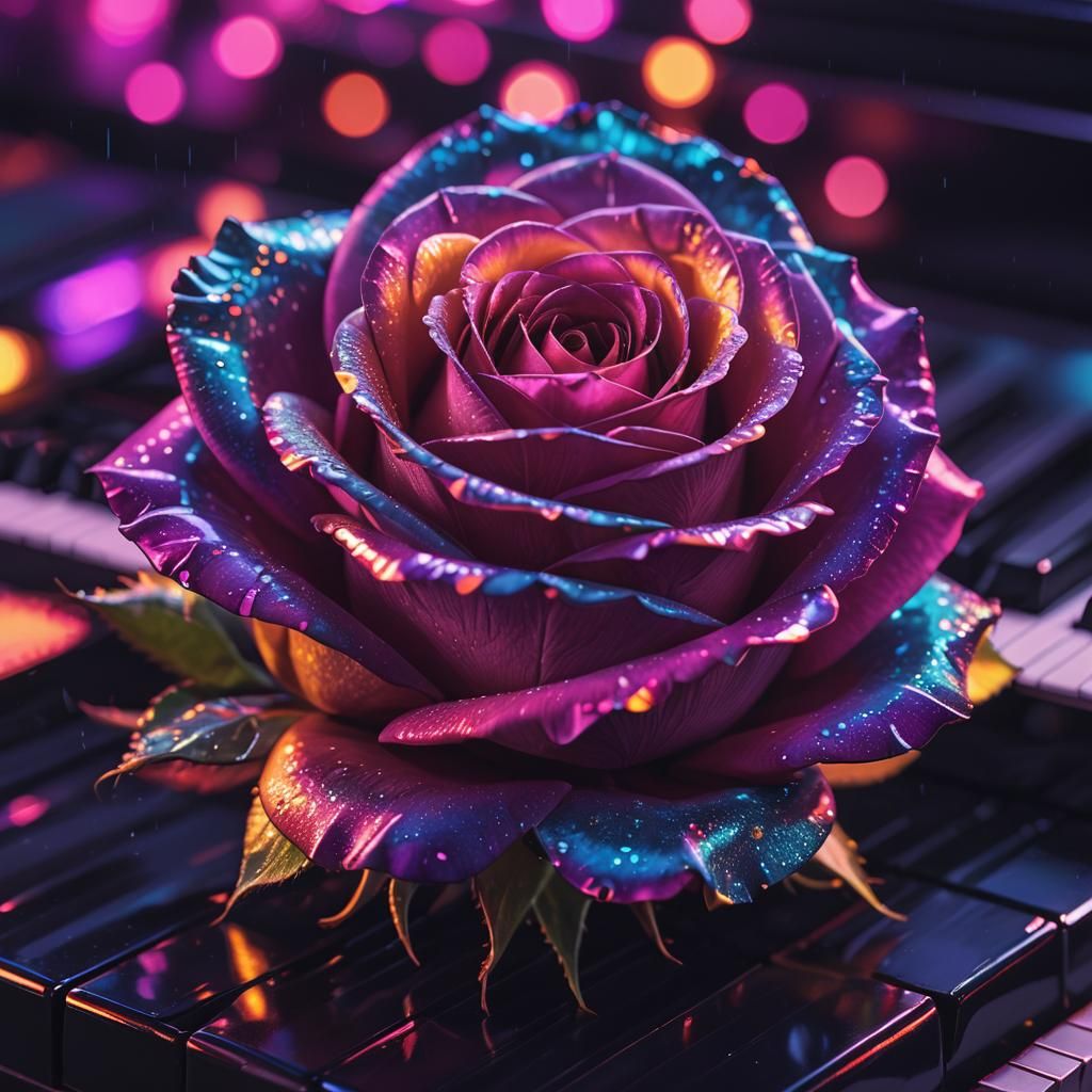 Synthwave Rose on Piano in Neon Retro Style