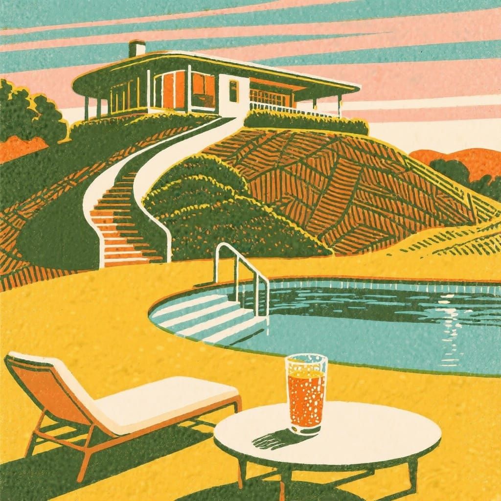 Mid-Century Modern Mansion with Pool at Dawn