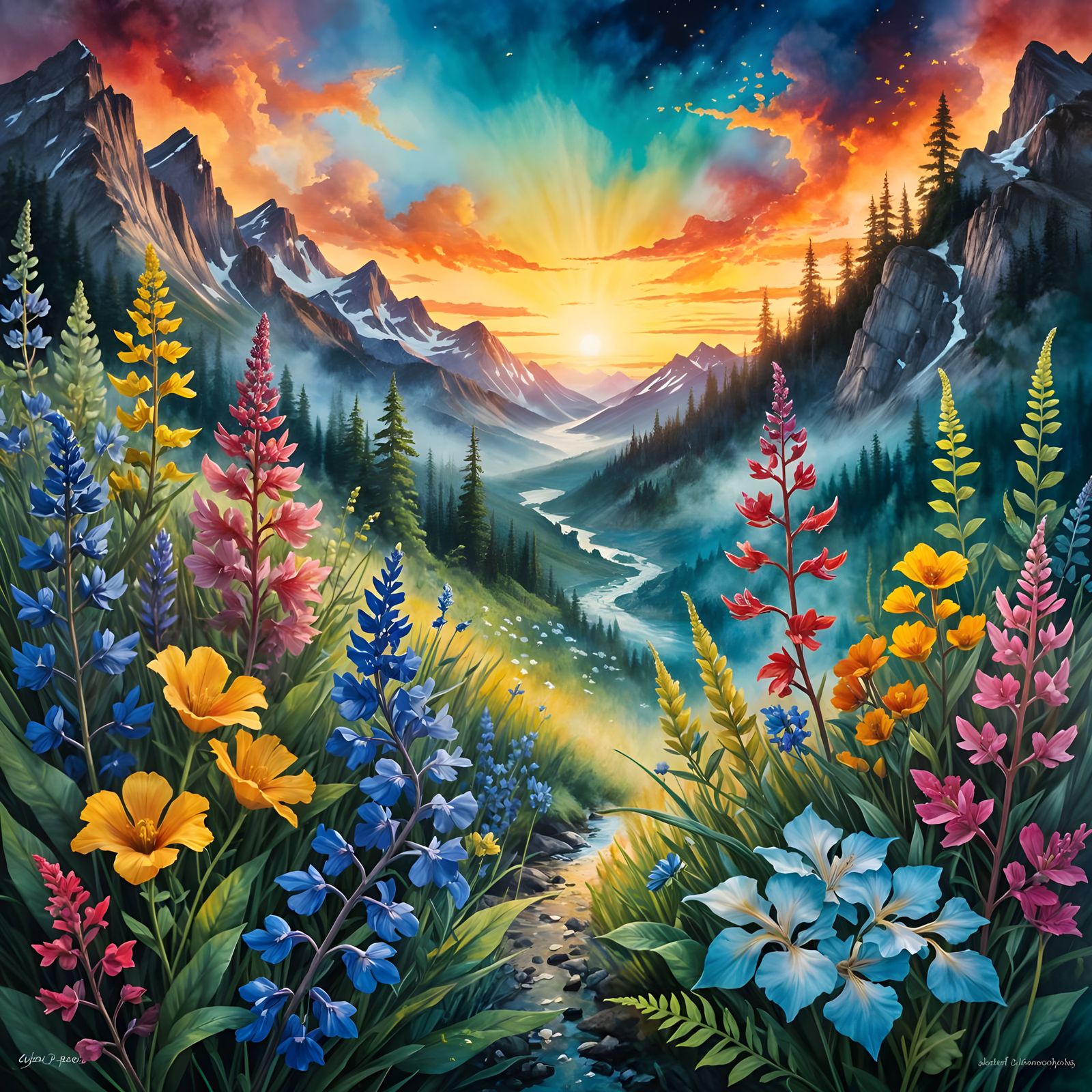 Ethereal Alpine Bloom in Vibrant Hexadic Harmony