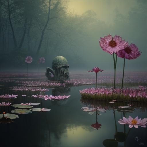 Summer Lake with Lily Pads and Waterfowl in Hyperrealism