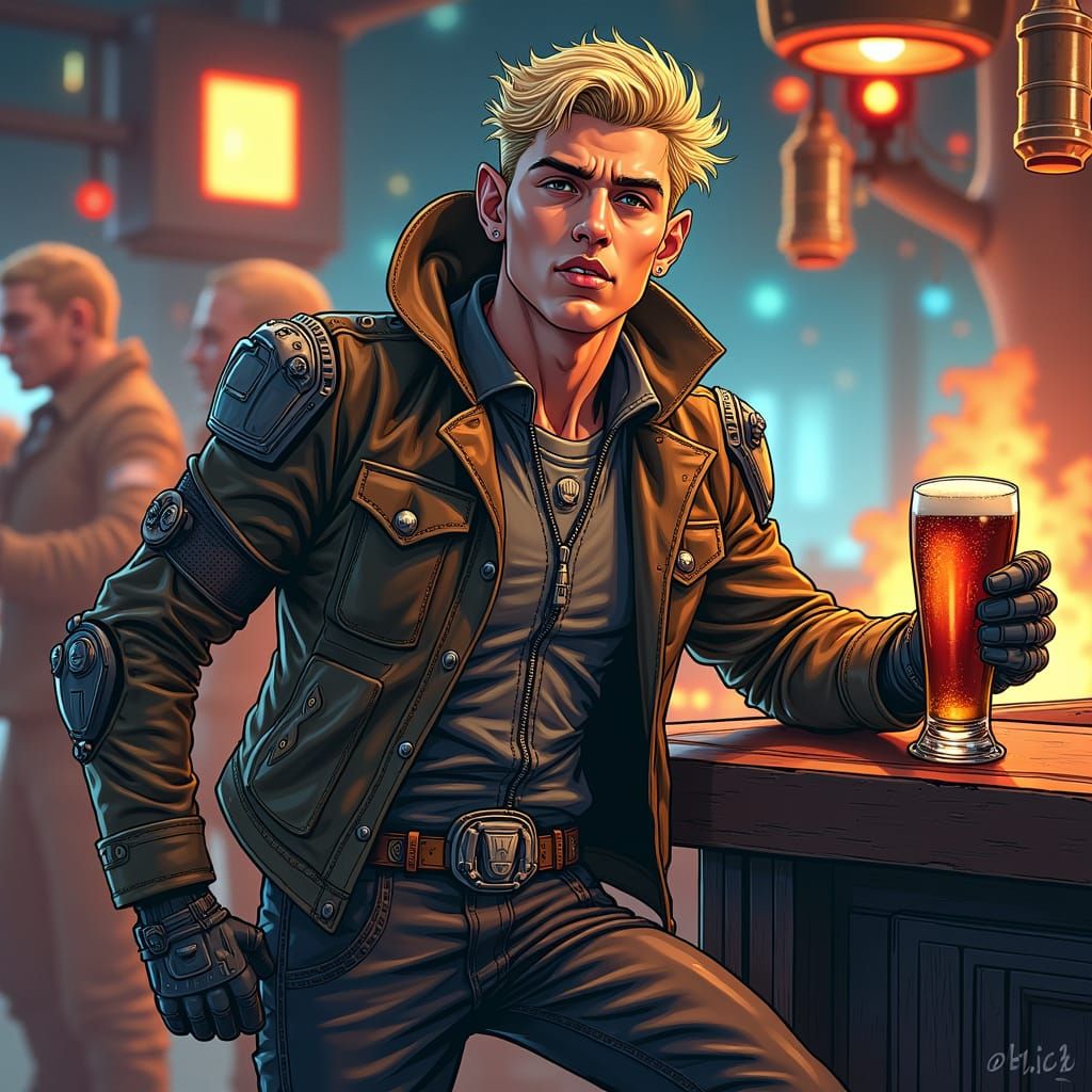 Cyborg Elf Pilot in Space Cantina, Comic Book Style