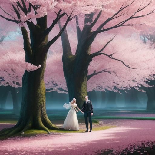 Romantic Couple Under Cherry Blossoms: Fantasy Art