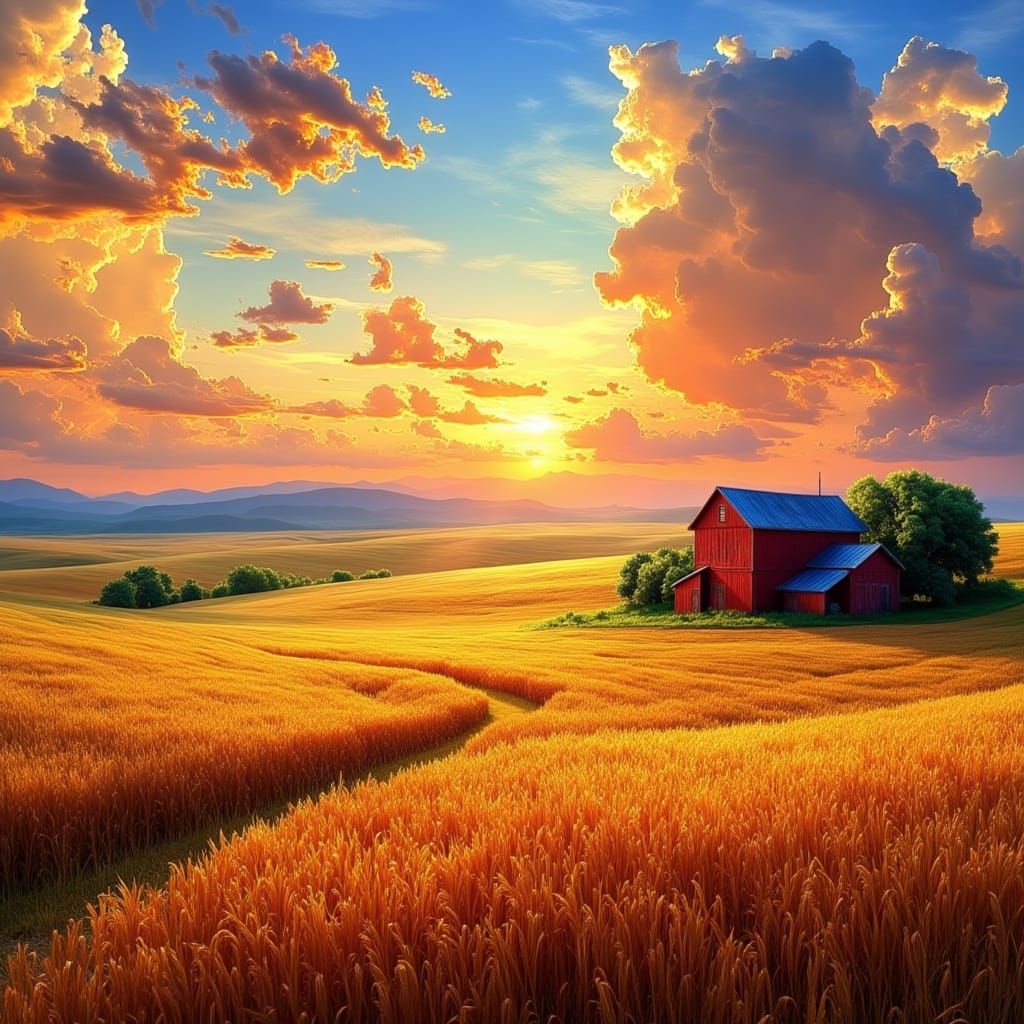 Golden Grain Field at Sunset Oil Painting