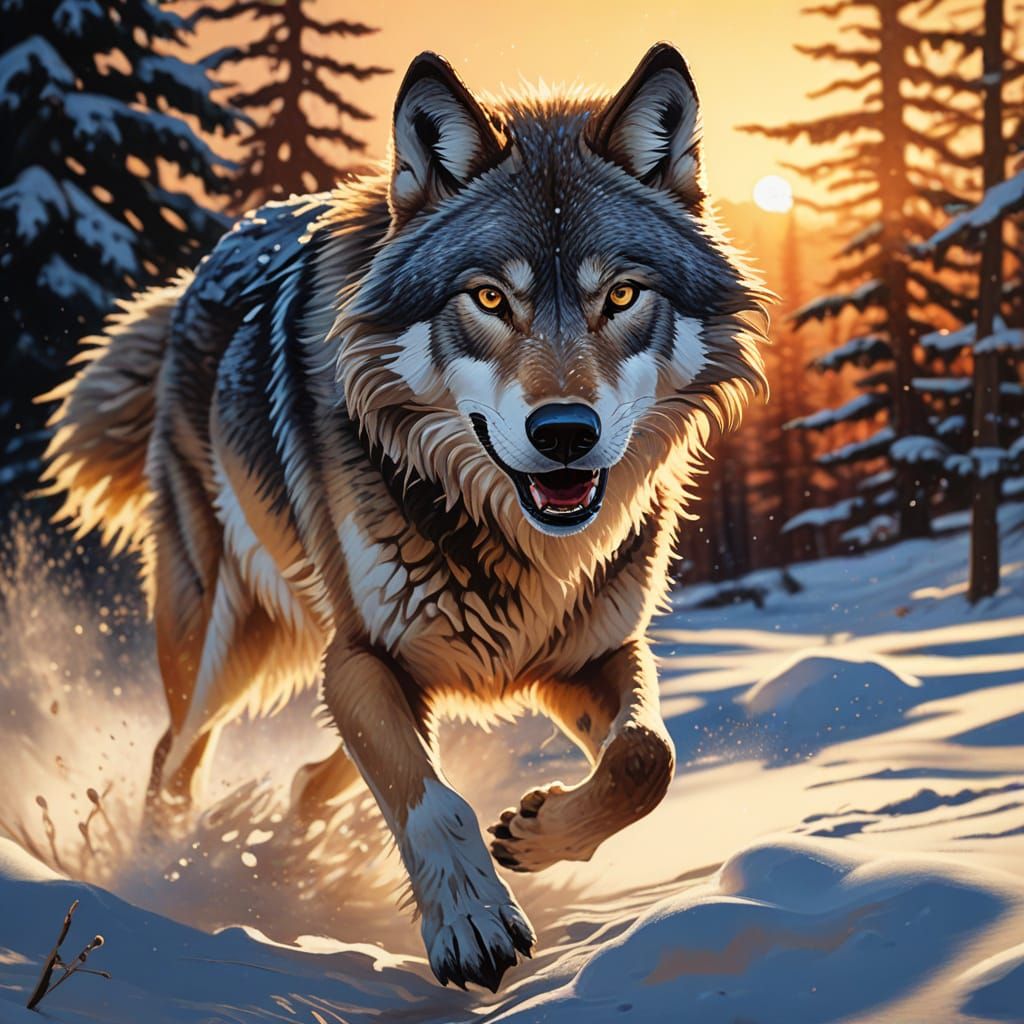 Wolf Running in Snow: Gouache Impressionist Winter Scene