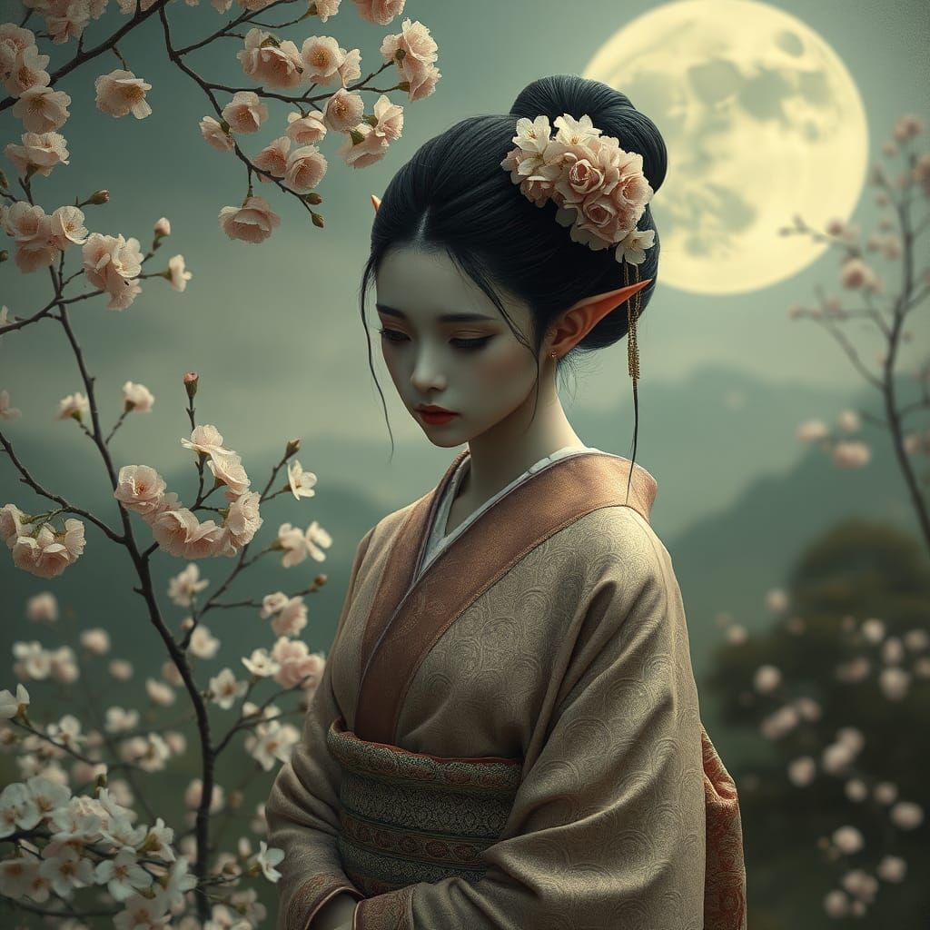 Ethereal Elf Geisha in Surreal Landscape