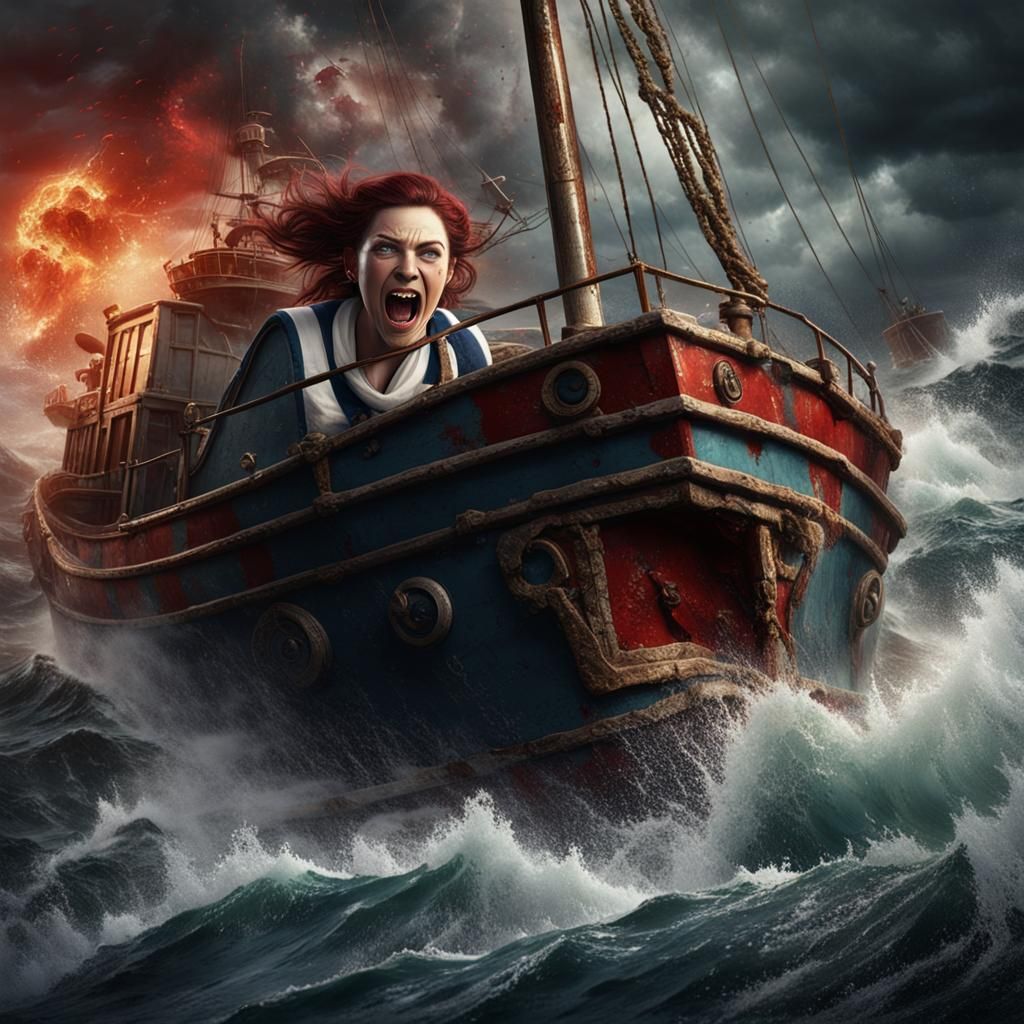 Sailor Woman's Courage Amidst Crashing Blood Waves
