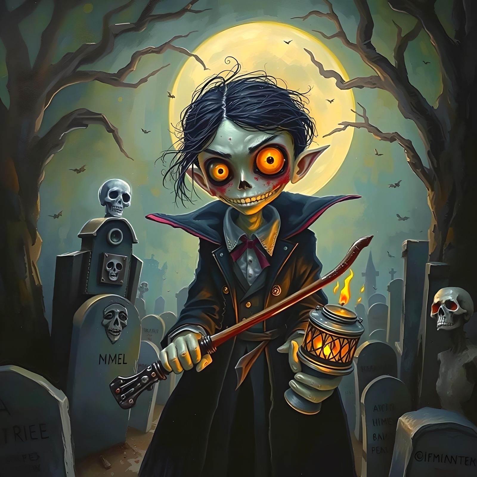 Eerie Vampire Hunter in Haunted Graveyard, Tim Burton Style