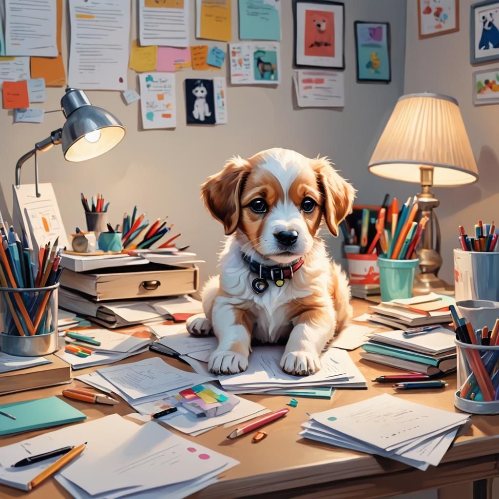 Puppy Office Scene in Cartoon Style