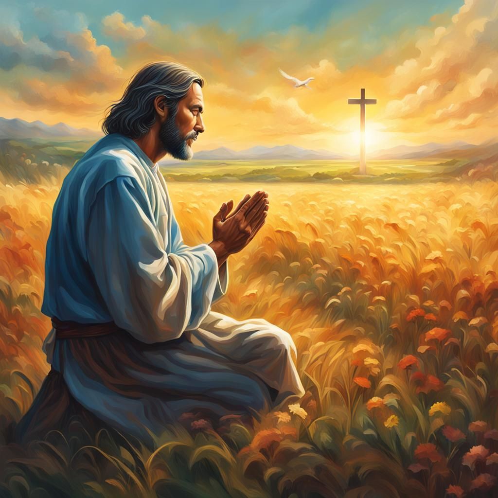 Man Praying to Jesus in Open Field: Splash Art