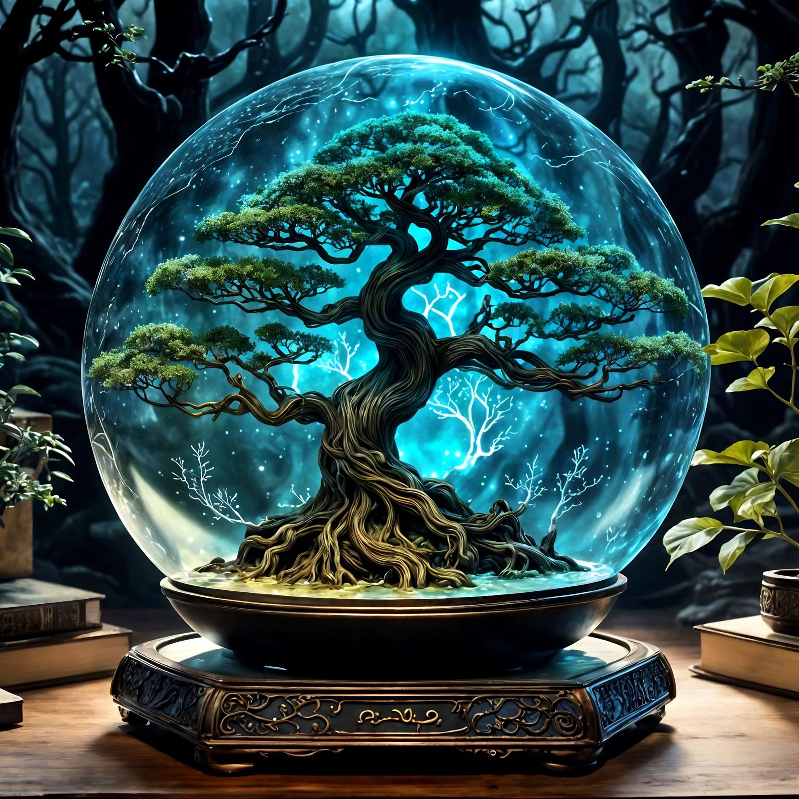 Enchanted Elven Bonsai in Mysterious Forest Night