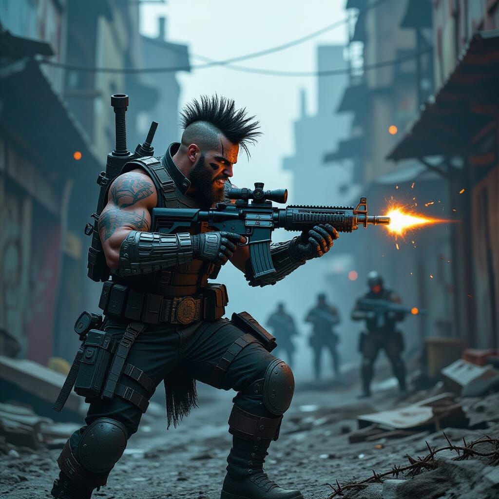 Dieselpunk Warrior Leading Rebels in Industrial Wasteland