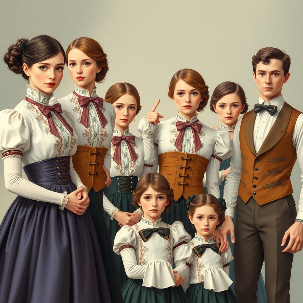 Elegant Women in Victorian-Style Formal Attire