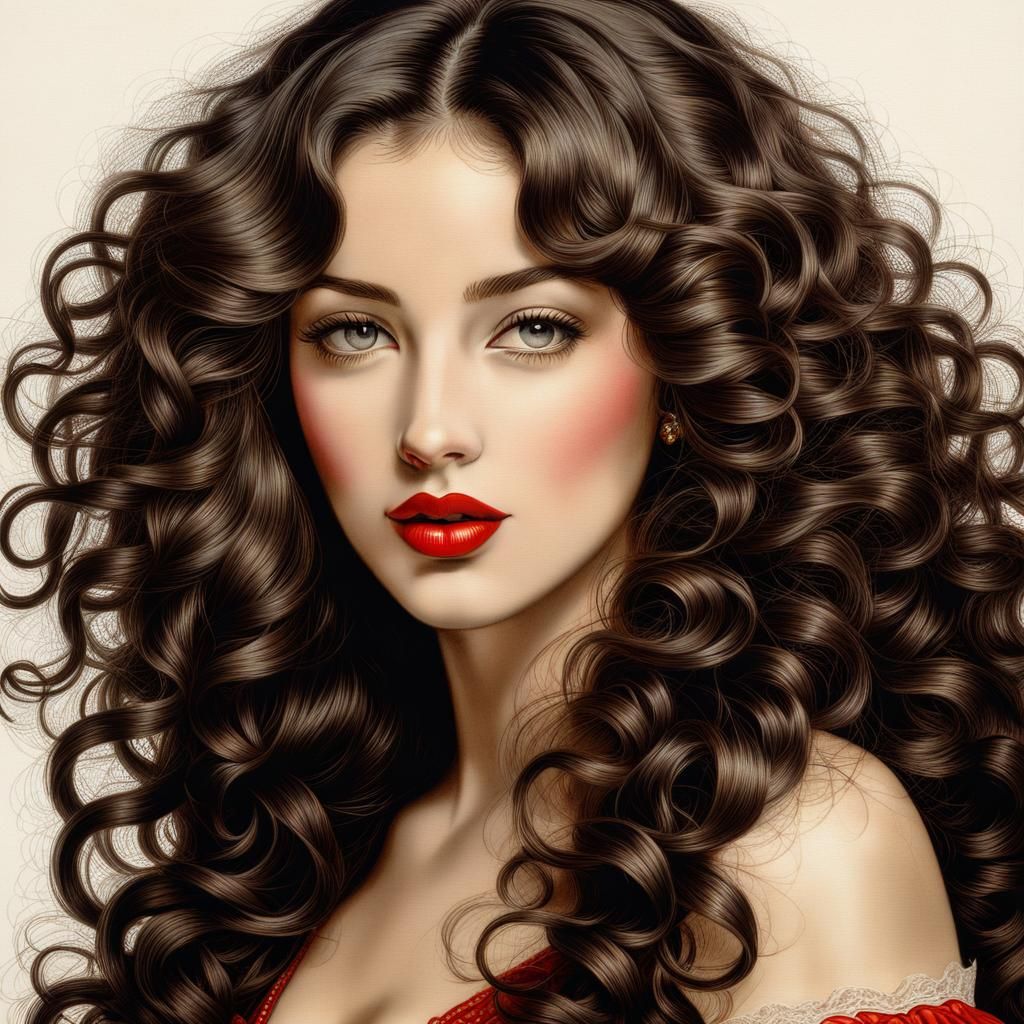 Brunette with Red Lipstick in Fra Lippo Lippi Style