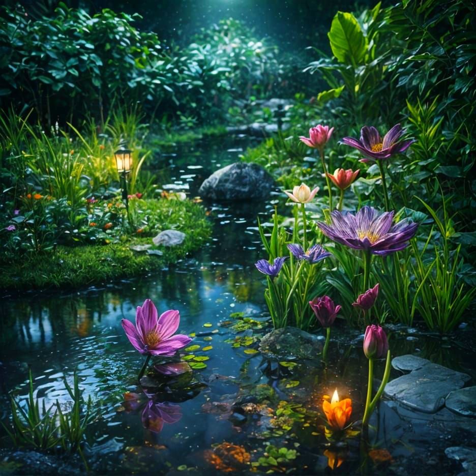 Exquisite Midnight Flower Garden with Pond in Chiaroscuro