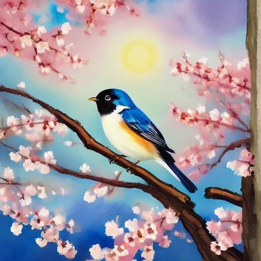 Bird and Blossoms: Japanese Gouache Watercolor Painting
