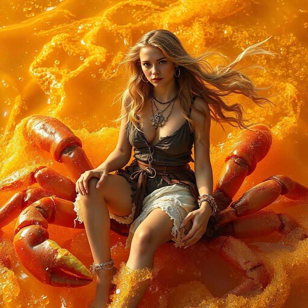 Golden-Haired Woman on Gummy Crab in Dreamlike Soda Sea