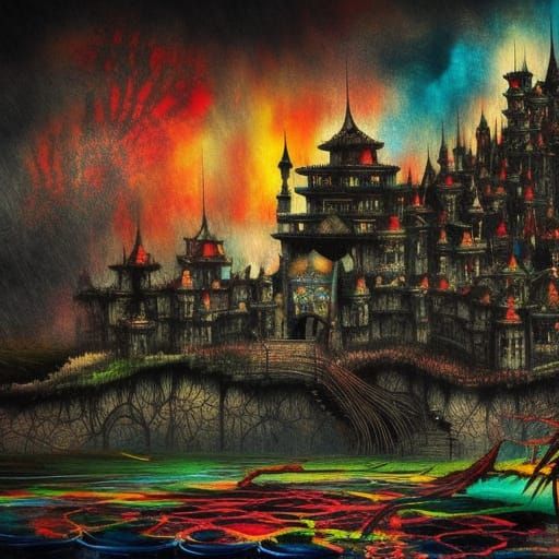 Oriental Castle in Dark Horror Landscape: Splash Art