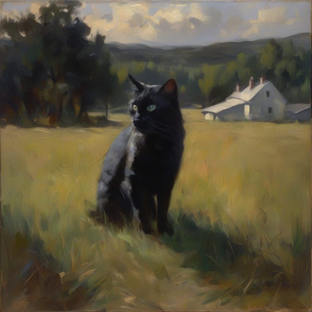 Dark Expressionist Cat Lurks Through Burning Grass, Eyes Fix...