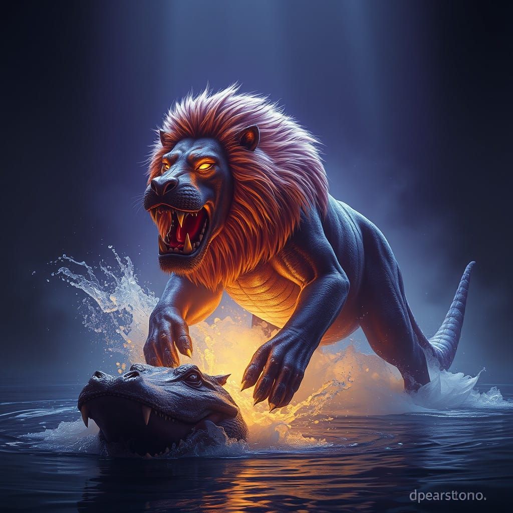Dark Fantasy Lion Hippo Crocodile Hybrid in Vivid Colors