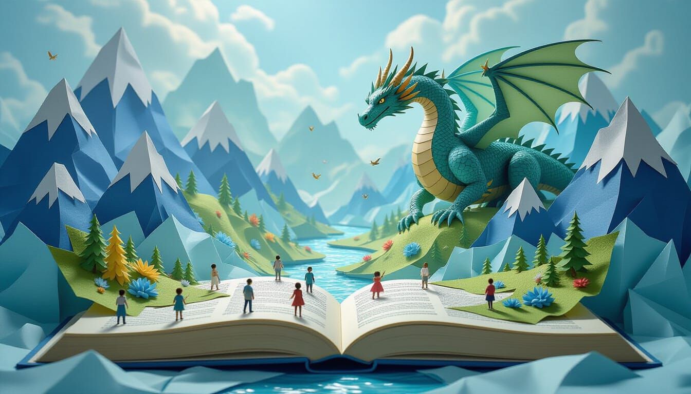 Miniature World in Pop-Up Book with Paper Dragon