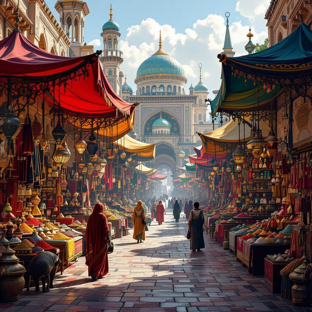 Vibrant Bazaar Scene in Matte Painting Style