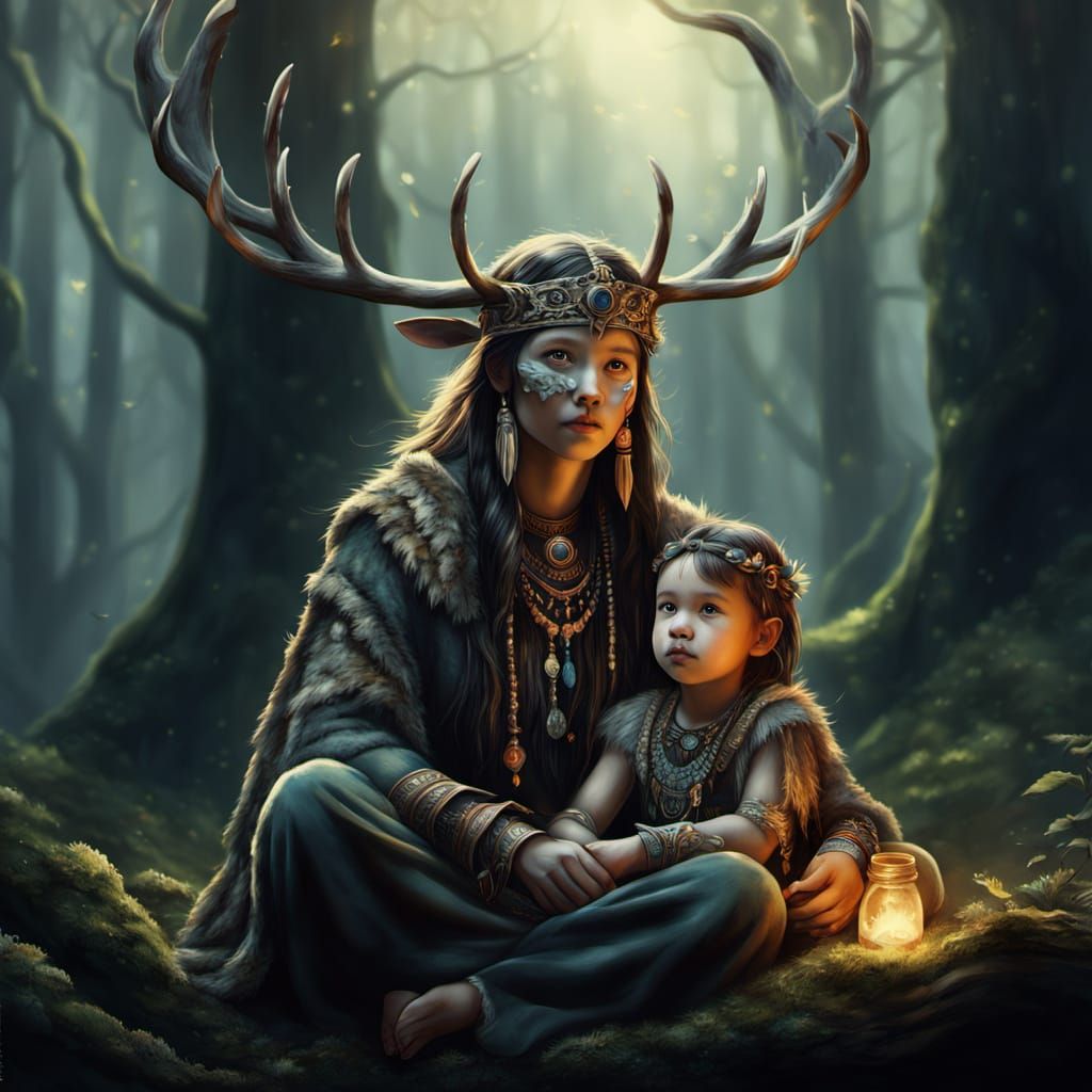 Enchanted Mesolithic Shaman Woman in Magical Forest
