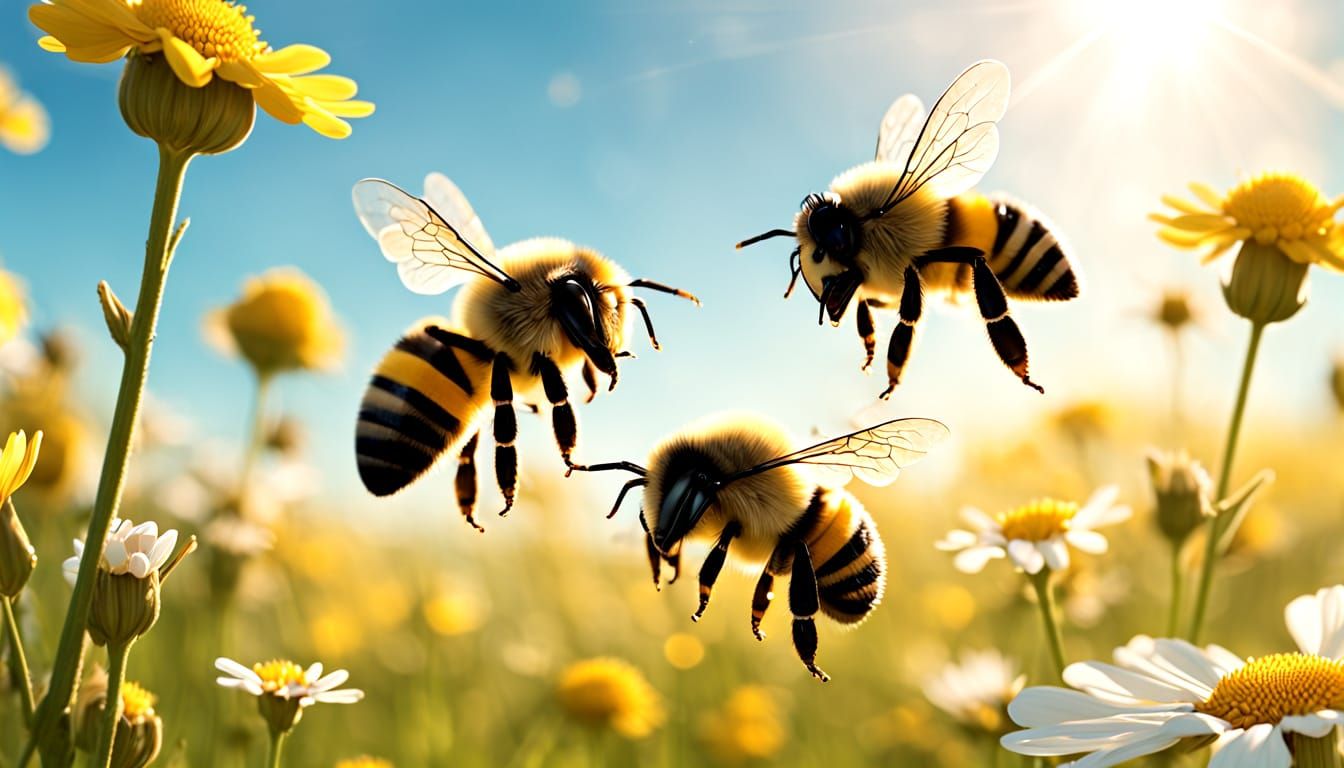 Sleepy Bees in Bubbles, Sunny Meadow Scene