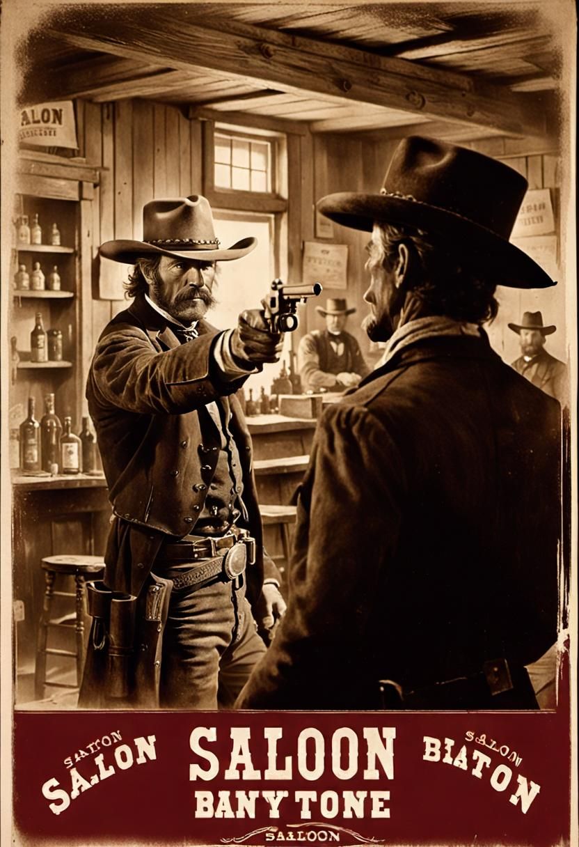 Old West Saloon Showdown: Sepia Lithograph