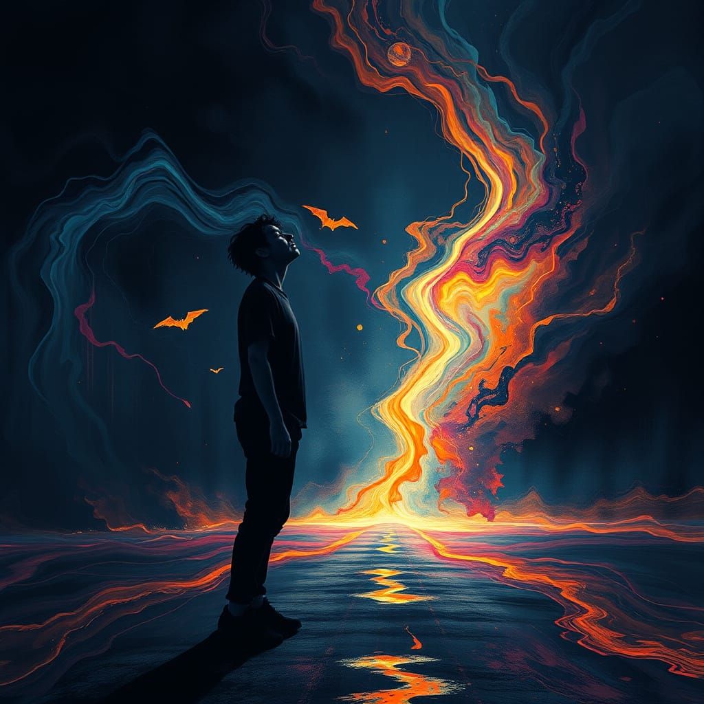 The figure's face is tilted upwards, eyes closed, as if lett...