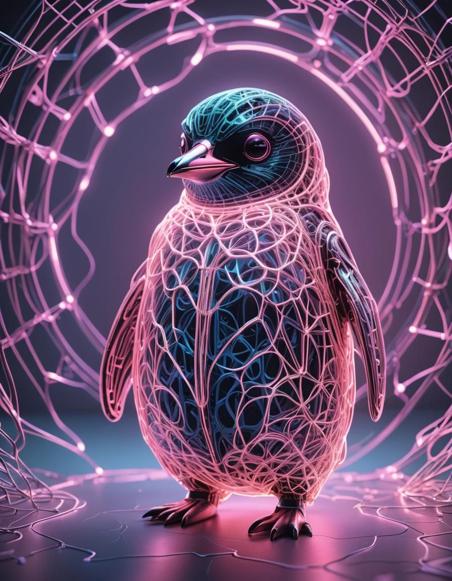Neon Wireframe Penguin with Nebulous Eyes in 3D