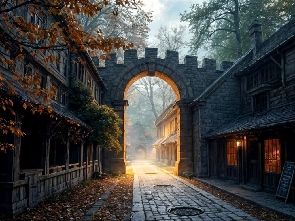 Mysterious Portal Between Autumn Forest and Medieval Market