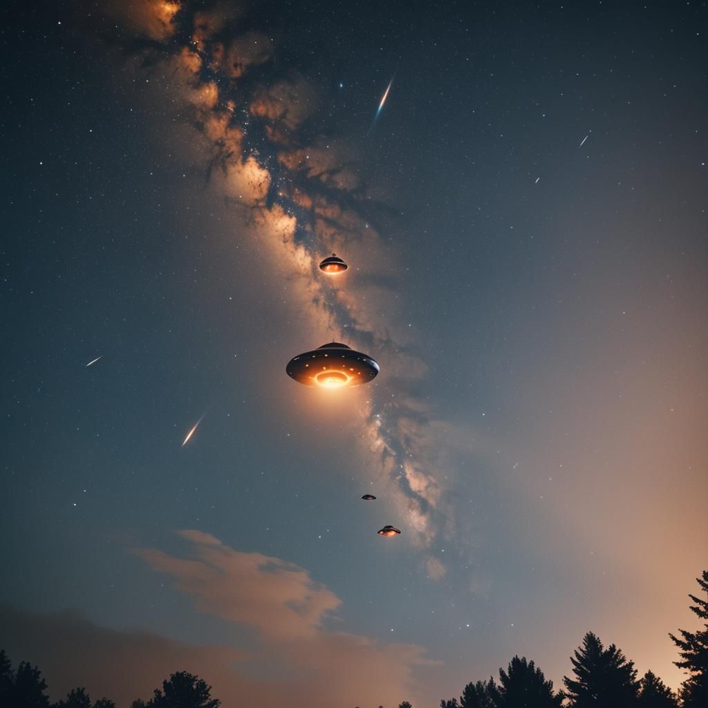 UFOs in Starry Night Sky: Cinematic Film Still