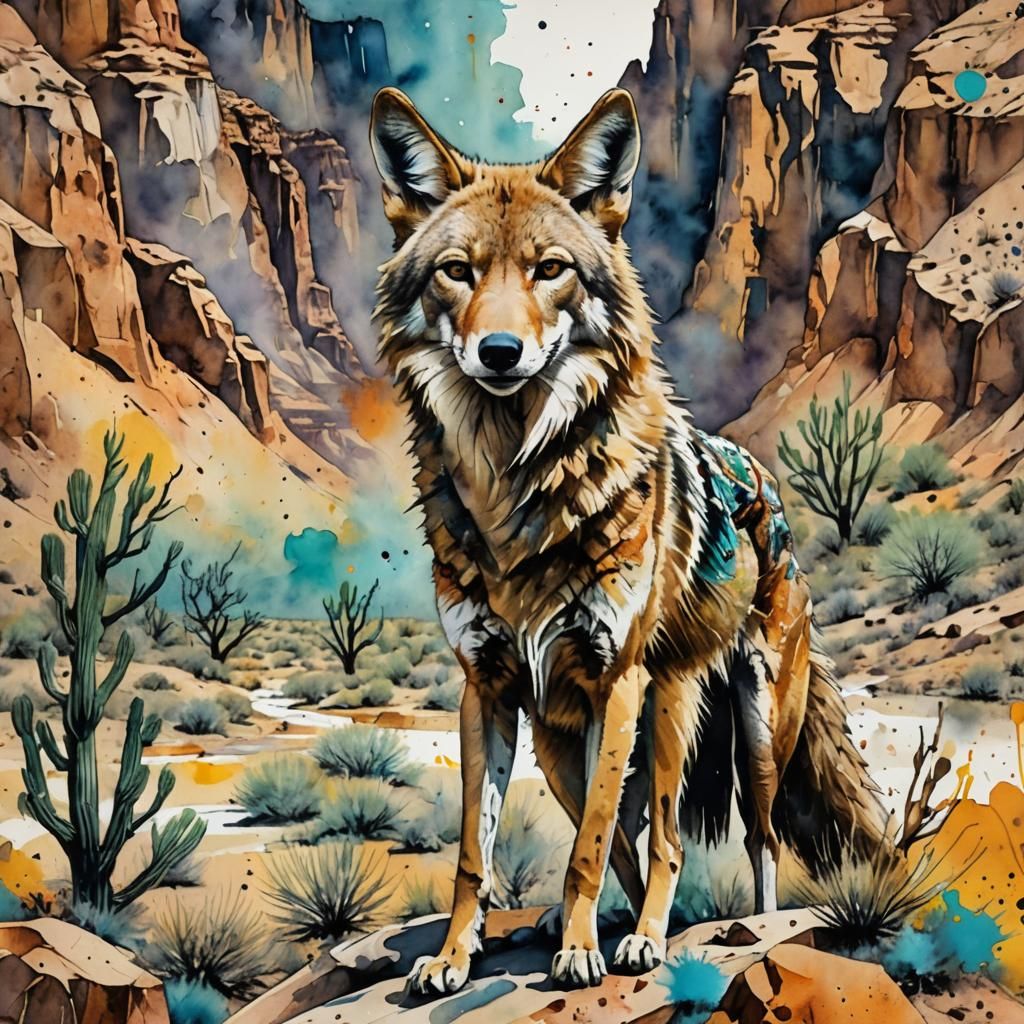 Coyote Shaman in Desert Canyon Watercolor Painting