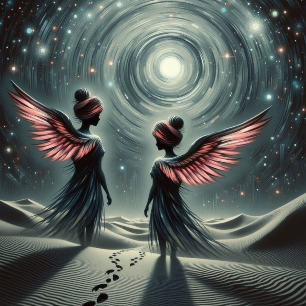 Ethereal Pink Angels in Desert Under Starry Night