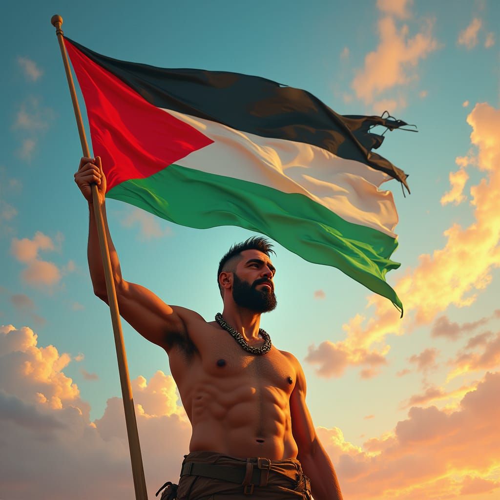 Gaunt Man Holds Palestine Flag, Fantasy Art