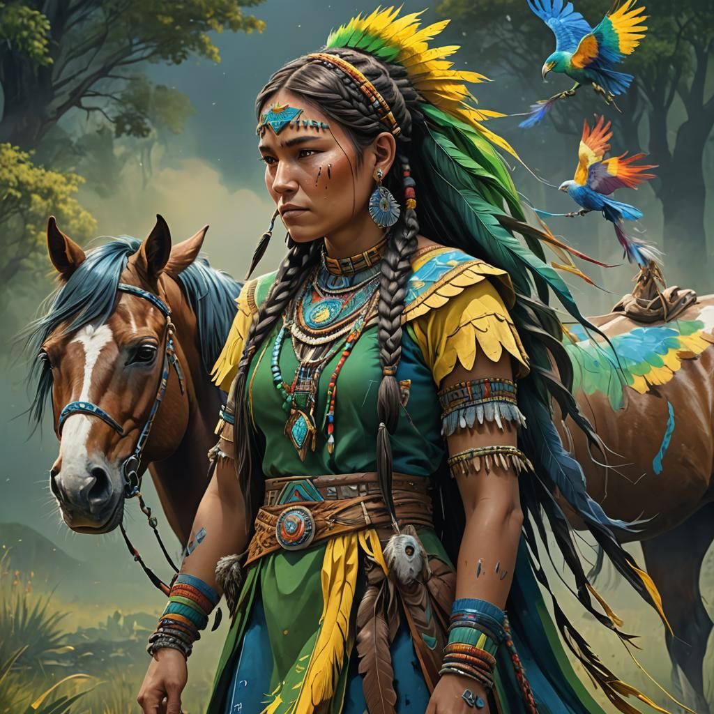 Native American Woman with Rainbow Horse, Digital Art