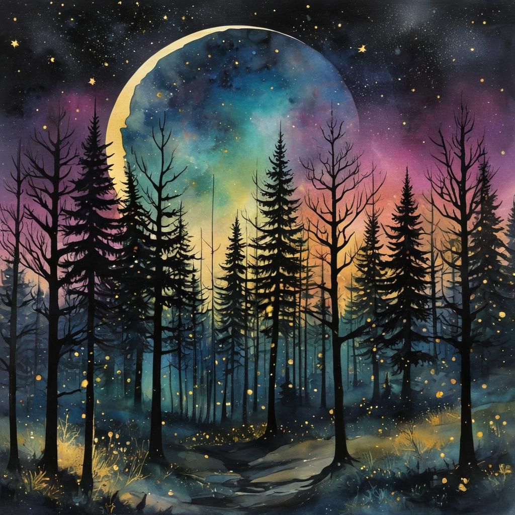 Gothic Watercolor Forest Landscape Under Starry Night