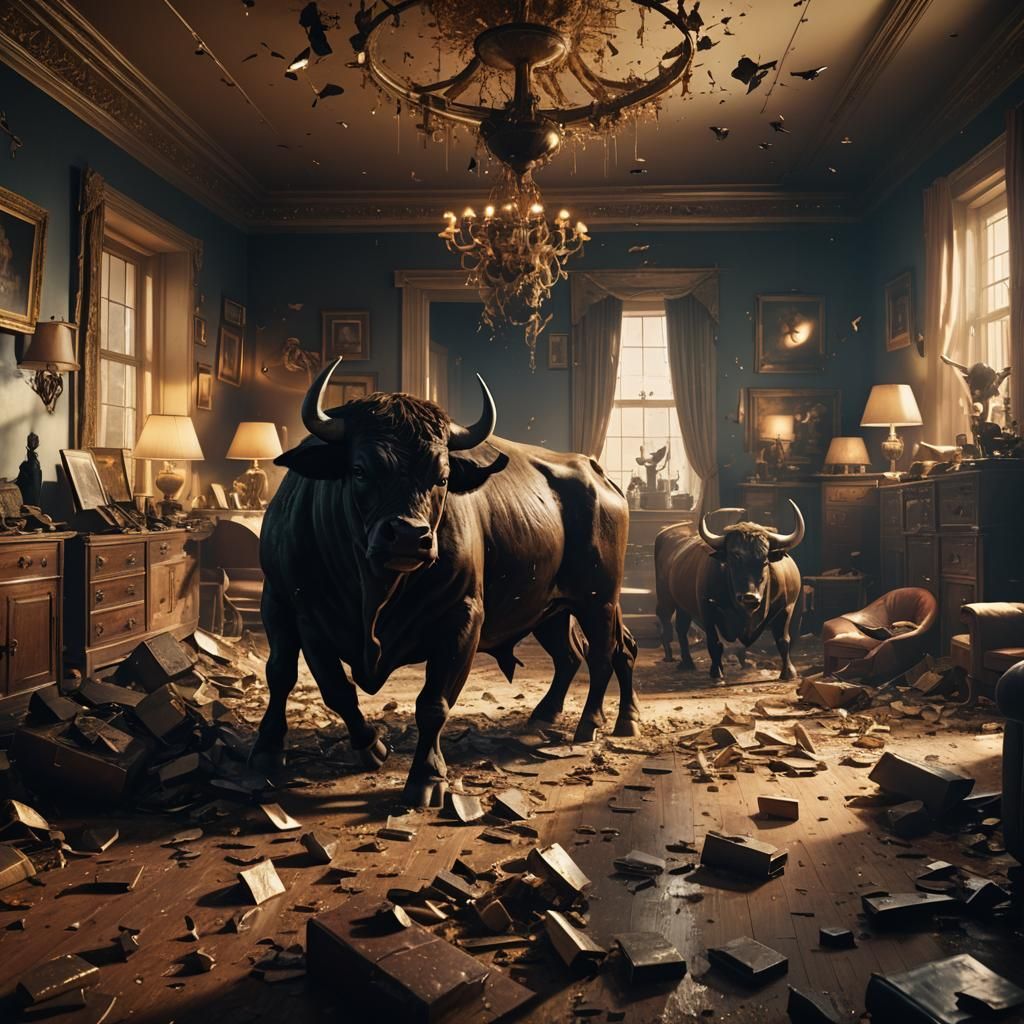 Sentinel Bulls Invade Living Room: Cinematic Digital Art