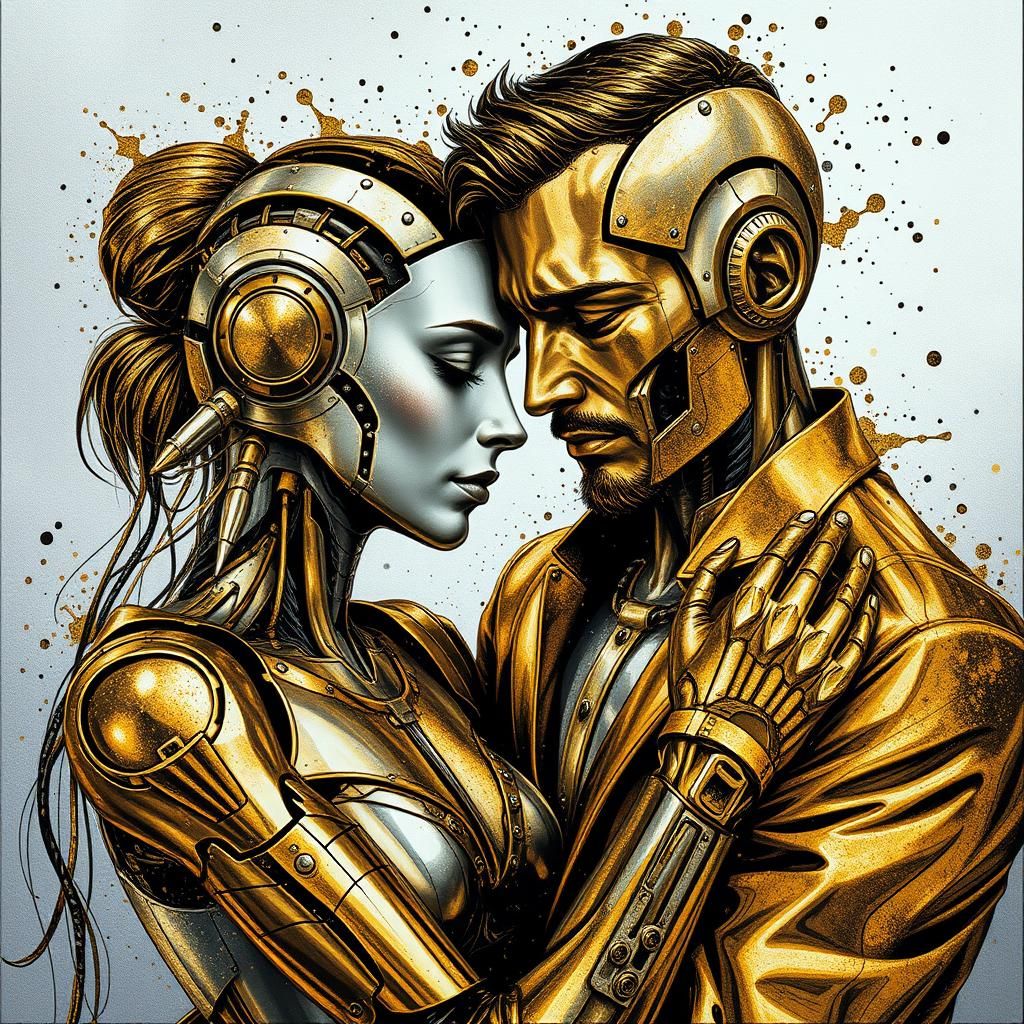 Cyborg Couple's Tearful Embrace in Ink Splatter Style