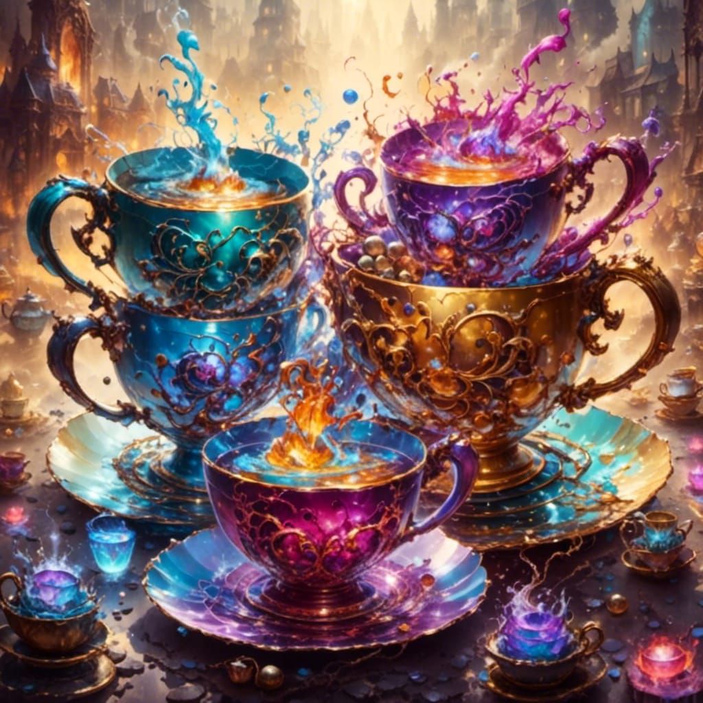 Metallic Teacups Splash Art in Modern Style